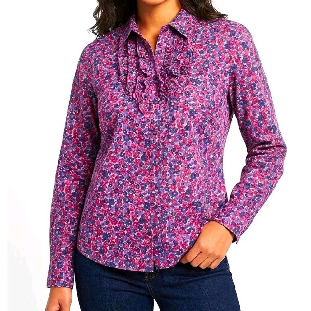 Charter Club Women's Floral Button-Up Blouse Ruffle Long Sleeve Pink Size 16